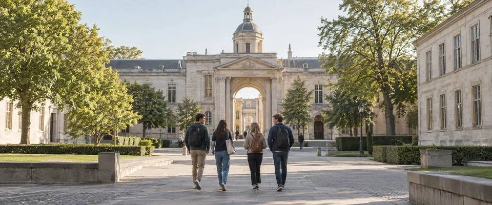 Students walking through a university campus — illustration
